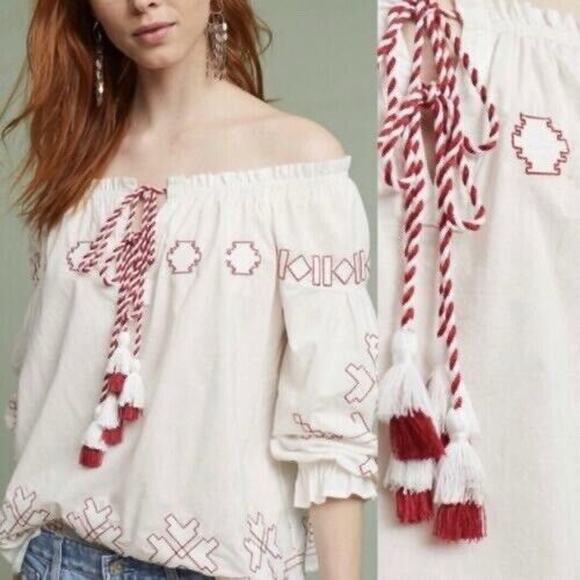 Anthropologie Tops - Anthropologie Harlyn Farina S Embroidered White Peasant Boho‎ Blouse Top